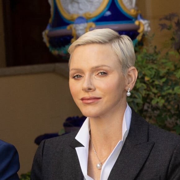 La princesse Charlène de Monaco lors de la conférence de présentation des célébrations du centenaire de la naissance du Prince Rainier III de Monaco au Palais de Monaco, le 28 septembre 2022. La Princesse Stéphanie sera en charge, avec le Prince Albert II, des événements qui se dérouleront en 2023. De nombreuses personnalités monégasques font également partie du comité d'organisation. © Olivier Huitel/Pool Restreint Monaco/Bestimage  Presentation Conference of the centenary celebrations of the birth of Prince Rainier III of Monaco at the Monaco Palace. Princess Stéphanie will be in charge, with Prince Albert II, of the events that will take place in 2023. Many Monegasque personalities are also part of the organising committee.