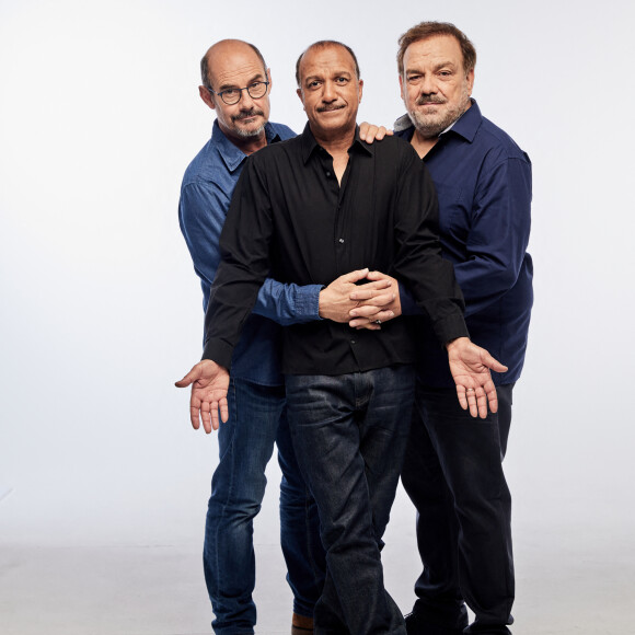 Exclusif - Rendez-vous avec Les Inconnus (Didier Bourdon, Bernard Campan et Pascal Légitimus) en studio à Paris. Le 4 octobre 2022. © Cyril Moreau / Bestimage