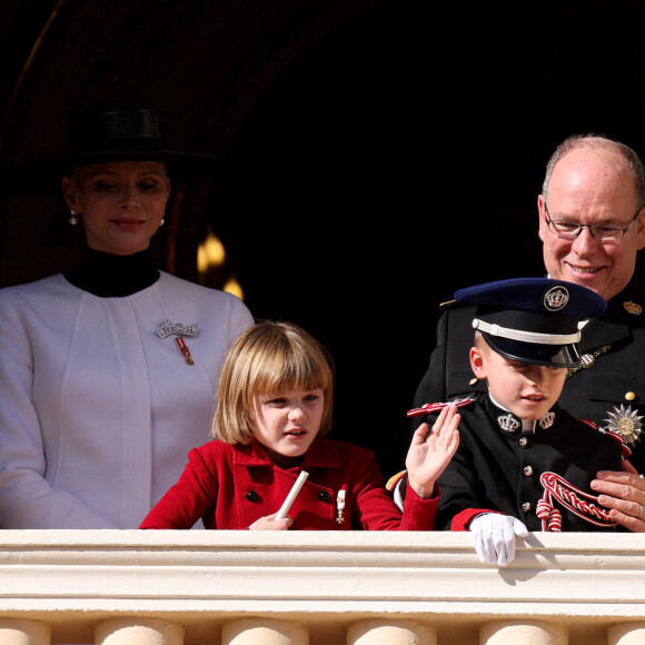 La princesse Charlène de Monaco, Le prince Albert II de Monaco, Le prince Jacques de Monaco, marquis des Baux, La princesse Gabriella de Monaco, comtesse de Carladès lors de la Fête Nationale de la principauté de Monaco, le 19 novembre 2022. © Claudia Albuquerque/Bestimage 