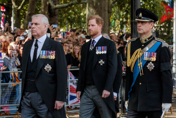 Le prince Andrew, duc d'York, le prince Harry et le prince Edward, duc de Wessex - Procession cérémonielle du cercueil de la reine Elisabeth II du palais de Buckingham à Westminster Hall à Londres le 14 septembre 2022. © Photoshot / Panoramic / Bestimage 