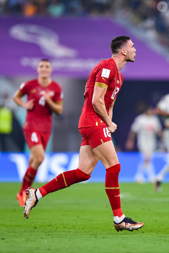Dusan Vlahovic (Serbie) célèbre son but contre la Suisse durant le dernier match de poule du groupe G de la Coupe du Monde de Football, le 2 décembre 2022 à Doha, Qatar. (Photo by Baptiste Fernandez/Icon Sport/ABACAPRESS.COM)