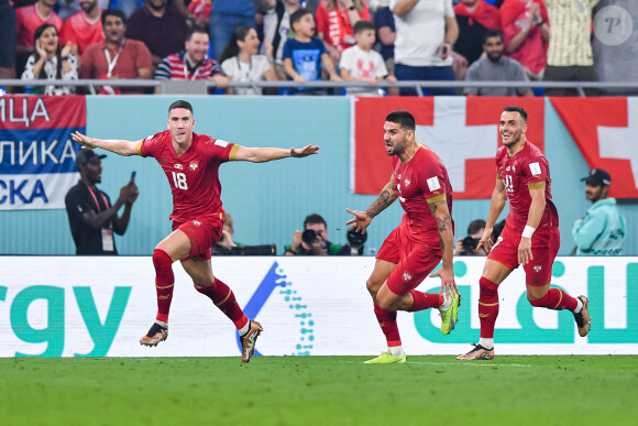 Dusan Vlahovic (Serbie) célèbre son but contre la Suisse durant le dernier match de poule du groupe G de la Coupe du Monde de Football, le 2 décembre 2022 à Doha, Qatar. (Photo by Baptiste Fernandez/Icon Sport/ABACAPRESS.COM)