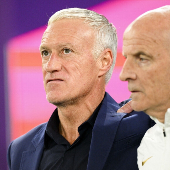 Didier Deschamps entraineur / Selectionneur France Guy Stephan - entraineur adjoint (Fra) lors du match du groupe D opposant la France au Danemark lors de coupe de Monde au stade 974 à Doha au Qatar, le 26 novembre 2022. © Jean-Baptiste Autissier/Panoramic/Bestimage 