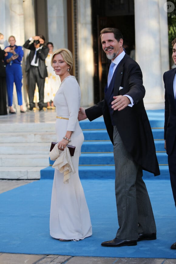Paul de Grèce et sa femme Marie-Chantal Miller - Cérémonie religieuse du mariage du prince Phílippos de Grèce et Nina Flohr à la cathédrale de l'Annonciation à Athènes le 23 octobre 2021. 