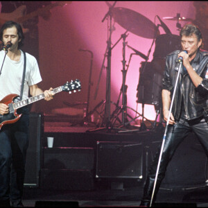 Jean-Jacques Goldman et Johnny Hallyday sur scène pour la tournée des Enfoirés. 