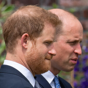 Le prince William, duc de Cambridge, et son frère Le prince Harry, duc de Sussex, se retrouvent à l'inauguration de la statue de leur mère, la princesse Diana dans les jardins de Kensington Palace à Londres, Royaume Uni, le 1er juillet 2021.