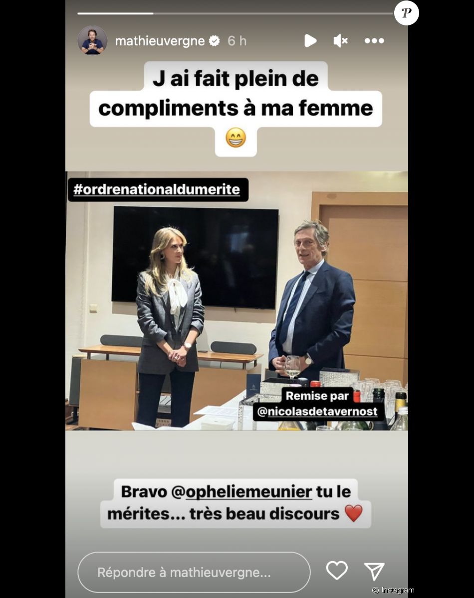 Mathieu Vergne complimente sa femme Ophélie Meunier pour avoir obtenu le titre de Chevalier de l'ordre du mérite - Instagram