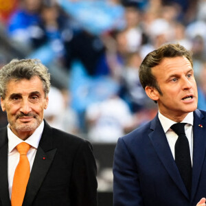 Emmanuel Macron ( president de la Republique ) - Bernard Laporte ( president FFR ) - Mohed Altrad ( president Montpellier ) - - Finale du Top 14 de rugby entre Montpellier et Castres (29-10) au Stade de France à Saint-Denis le 24 juin 2022. 