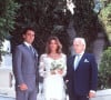 La princesse Stéphanie de Monaco, son mari Daniel Ducruet et son père le prince Rainier en juillet 1995 lors du mariage de la benjamine de la fratrie du Rocher