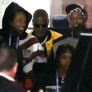 Exclusif - ASAP Rocky avec son fils et Jay Z quittent la finale du Super Bowl 57 à Glendale le 12 février 2023.