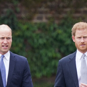 Le prince William, duc de Cambridge, et son frère Le prince Harry, duc de Sussex, se retrouvent à l'inauguration de la statue de leur mère, la princesse Diana dans les jardins de Kensington Palace à Londres, le 1er juillet 2021. Ce jour-là, la princesse Diana aurait fêté son 60 ème anniversaire. 