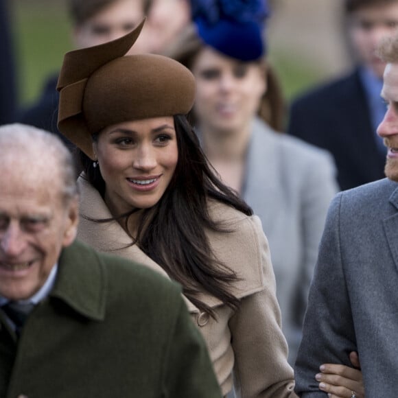 Le prince Philip, duc d'Edimbourg, le prince Harry et sa fiancée Meghan Markle - La famille royale d'Angleterre arrive à la messe de Noël à l'église Sainte-Marie-Madeleine à Sandringham, le 25 décembre 2017. 