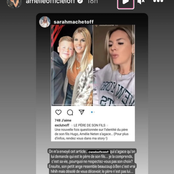 Sarah a justement eu vent des rumeurs qui affirmaient que son homme était le père du fils d'Amélie Neten et, en story Instagram, elle a tenu à y mettre fin une bonne fois pour toutes.
Amélie Neten partage un message concernant l'identité du père de son fils Hugo sur Instagram