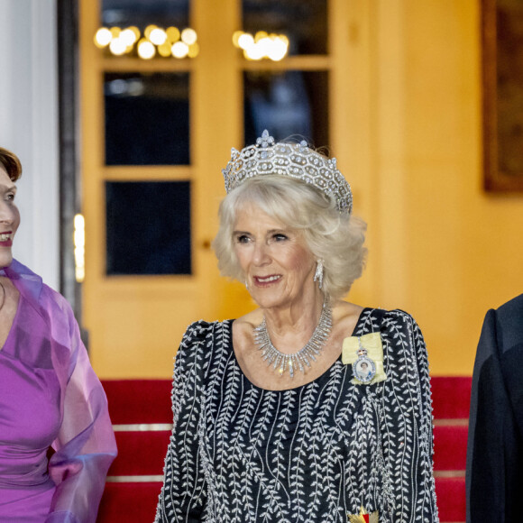 Elke Steinmeier, la reine consort Camilla Parker Bowles, le roi Charles III d'Angleterre et Frank Walter Steinmeier - Arrivées au dîner d'état donné par le président allemand et sa femme en l'honneur du roi d'Angleterre et de la reine consort, au Château Bellevue à Berlin, à l'occasion du premier voyage officiel du roi d'Angleterre en Europe. Le 29 mars 2023 
