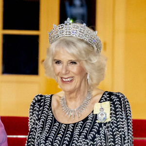 La reine consort Camilla Parker Bowles, le roi Charles III d'Angleterre - Arrivées au dîner d'état donné par le président allemand et sa femme en l'honneur du roi d'Angleterre et de la reine consort, au Château Bellevue à Berlin, à l'occasion du premier voyage officiel du roi d'Angleterre en Europe. Le 29 mars 2023 