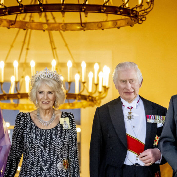 La reine consort et Charles ont été accueillis par le président Frank Walter Steinmeier et son épouse Elke Steinmeier. 
Elke Steinmeier, la reine consort Camilla Parker Bowles, le roi Charles III d'Angleterre et Frank Walter Steinmeier - Arrivées au dîner d'état donné par le président allemand et sa femme en l'honneur du roi d'Angleterre et de la reine consort, au Château Bellevue à Berlin, à l'occasion du premier voyage officiel du roi d'Angleterre en Europe. Le 29 mars 2023 