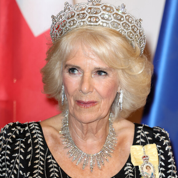 La reine consort Camilla Parker Bowles - Personnalités au dîner d'état donné par le président allemand et sa femme en l'honneur du roi d'Angleterre et de la reine consort, au Château Bellevue à Berlin, à l'occasion du premier voyage officiel du roi d'Angleterre en Europe. Le 29 mars 2023