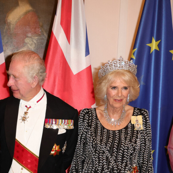 Frank Walter Steinmeier, le roi Charles III d'Angleterre, la reine consort Camilla Parker Bowles et Elke Steinmeier - Personnalités au dîner d'état donné par le président allemand et sa femme en l'honneur du roi d'Angleterre et de la reine consort, au Château Bellevue à Berlin, à l'occasion du premier voyage officiel du roi d'Angleterre en Europe. Le 29 mars 2023