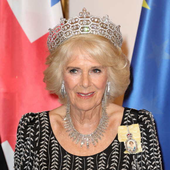 La reine consort Camilla Parker Bowles - Personnalités au dîner d'état donné par le président allemand et sa femme en l'honneur du roi d'Angleterre et de la reine consort, au Château Bellevue à Berlin, à l'occasion du premier voyage officiel du roi d'Angleterre en Europe. Le 29 mars 2023