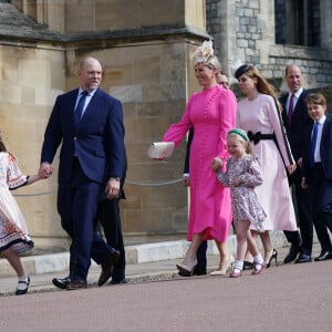 Mike Tindall, sa femme Zara, leurs filles Mia et Lena, La princesse Beatrice d’York, Le prince William, prince de Galles, le prince George - La famille royale du Royaume Uni arrive à la chapelle Saint George pour la messe de Pâques au château de Windsor le 9 avril 2023.