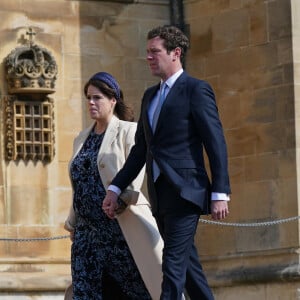 La princesse Eugenie d'York (enceinte) et son mari Jack Brooksbank - La famille royale du Royaume Uni arrive à la chapelle Saint George pour la messe de Pâques au château de Windsor le 9 avril 2023.