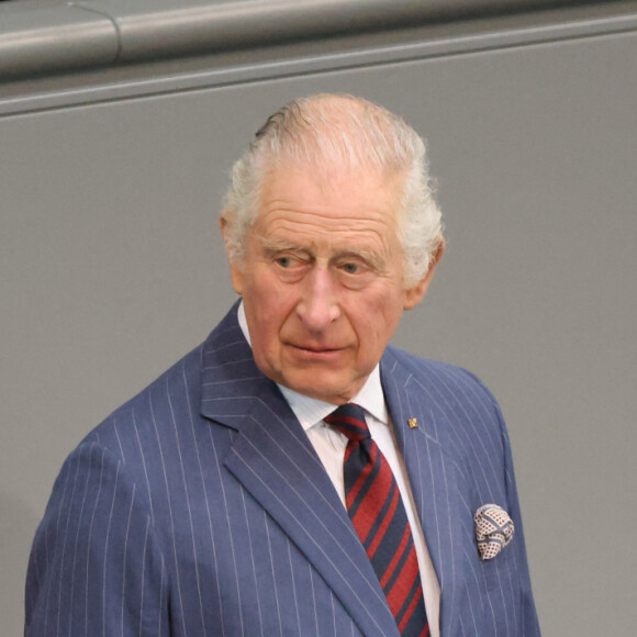 Le roi Charles III d'Angleterre prononce un discours au Bundestag au Palais du Reichstag à Berlin en alternant l'anglais et l'allemand le 30 mars 2023. 