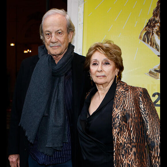 Exclusif - Patrick Chesnais et son épouse Josiane Stoléru - Arrivées à la 34ème cérémonie des Molières 2023 au théâtre de Paris à Paris, France, le 24 avril 2023. © Christophe Clovis / Bestimage 