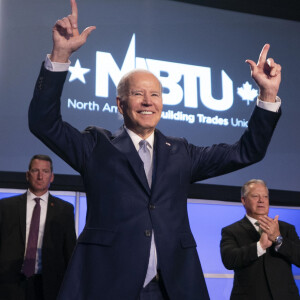 Joe Biden (président des Etats-Unis) à la conférence législative des syndicats des métiers de la construction en Amérique du Nord à Washington DC, le 25 avril 2023.