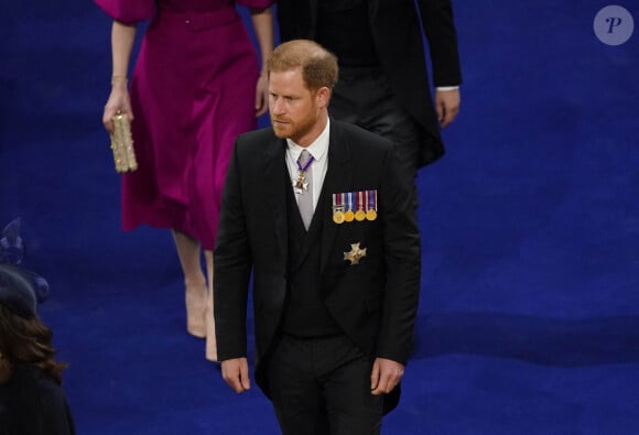 Il n'a pas croisé son frère William. 
Le prince Harry, duc de Sussex - Les invités à la cérémonie de couronnement du roi d'Angleterre à l'abbaye de Westminster de Londres, Royaume Uni, le 6 mai 2023. 