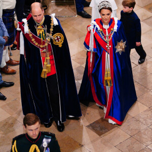 Le prince William, prince de Galles, et Catherine (Kate) Middleton, princesse de Galles, Le prince Louis de Galles et La princesse Charlotte de Galles - Les invités à la cérémonie de couronnement du roi d'Angleterre à l'abbaye de Westminster de Londres, Royaume Uni, le 6 mai 2023.