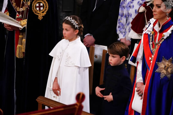 Les invités à la cérémonie de couronnement du roi d'Angleterre à l'abbaye de Westminster de Londres La princesse Charlotte de Galles, Le prince Louis de Galles et Catherine (Kate) Middleton, princesse de Galles - Les invités à la cérémonie de couronnement du roi d'Angleterre à l'abbaye de Westminster de Londres, Royaume Uni, le 6 mai 2023.