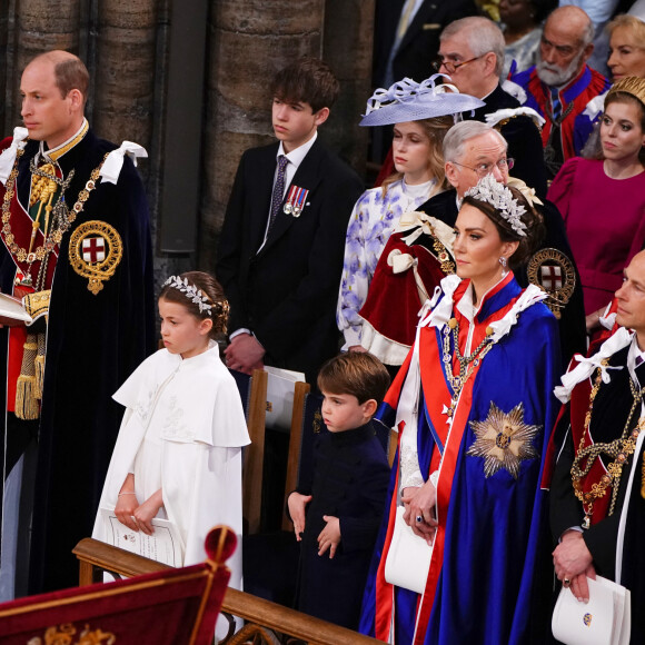 Les invités à la cérémonie de couronnement du roi d'Angleterre à l'abbaye de Westminster de Londres Le prince William, prince de Galles, et Catherine (Kate) Middleton, princesse de Galles, La princesse Charlotte de Galles, Le prince Louis de Galles - Les invités à la cérémonie de couronnement du roi d'Angleterre à l'abbaye de Westminster de Londres, Royaume Uni, le 6 mai 2023.