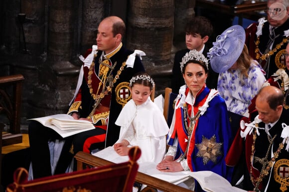 Les invités à la cérémonie de couronnement du roi d'Angleterre à l'abbaye de Westminster de Londres Le prince William, prince de Galles, et Catherine (Kate) Middleton, princesse de Galles, La princesse Charlotte de Galles, Le prince Louis de Galles - Les invités à la cérémonie de couronnement du roi d'Angleterre à l'abbaye de Westminster de Londres, Royaume Uni, le 6 mai 2023.