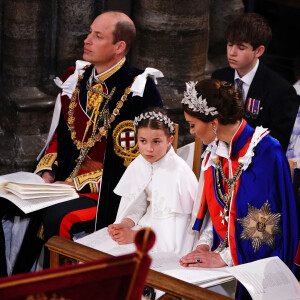 Les invités à la cérémonie de couronnement du roi d'Angleterre à l'abbaye de Westminster de Londres Le prince William, prince de Galles, et Catherine (Kate) Middleton, princesse de Galles, La princesse Charlotte de Galles, Le prince Louis de Galles - Les invités à la cérémonie de couronnement du roi d'Angleterre à l'abbaye de Westminster de Londres, Royaume Uni, le 6 mai 2023.