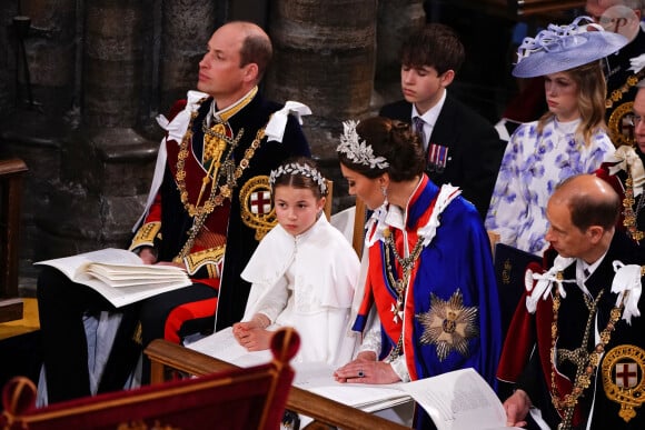 Les invités à la cérémonie de couronnement du roi d'Angleterre à l'abbaye de Westminster de Londres Le prince William, prince de Galles, et Catherine (Kate) Middleton, princesse de Galles, La princesse Charlotte de Galles, Le prince Louis de Galles - Les invités à la cérémonie de couronnement du roi d'Angleterre à l'abbaye de Westminster de Londres, Royaume Uni, le 6 mai 2023.