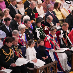 Le prince William, prince de Galles, et Catherine (Kate) Middleton, princesse de Galles, La princesse Charlotte de Galles, Le prince Louis de Galles, Le prince Edward, duc d'Edimbourg et Sophie, duchesse d'Edimbourg, James Mountbatten-Windsor, Comte de Wessex, Lady Louise Windsor, Le duc et la duchesse de Gloucester, Vice Admiral Sir Tim Laurence et La princesse Anne, Le prince Andrew, duc d'York, La princesse Beatrice d'York et son mari Edoardo Mapelli Mozzi, La princesse Eugenie d'York et son mari Jack Brooksbank et Le prince Harry, duc de Sussex - Les invités à la cérémonie de couronnement du roi d'Angleterre à l'abbaye de Westminster de Londres, Royaume Uni, le 6 mai 2023.