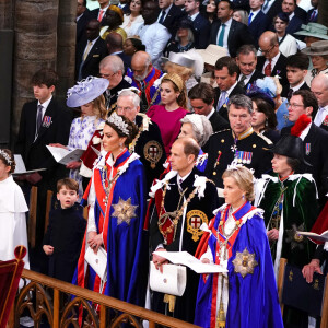 Le prince William, prince de Galles, et Catherine (Kate) Middleton, princesse de Galles, La princesse Charlotte de Galles, Le prince Louis de Galles, Le prince Edward, duc d'Edimbourg et Sophie, duchesse d'Edimbourg, James Mountbatten-Windsor, Comte de Wessex, Lady Louise Windsor, Le duc et la duchesse de Gloucester, Vice Admiral Sir Tim Laurence et La princesse Anne, Le prince Andrew, duc d'York, La princesse Beatrice d'York et son mari Edoardo Mapelli Mozzi, La princesse Eugenie d'York et son mari Jack Brooksbank et Le prince Harry, duc de Sussex - Les invités à la cérémonie de couronnement du roi d'Angleterre à l'abbaye de Westminster de Londres, Royaume Uni, le 6 mai 2023.