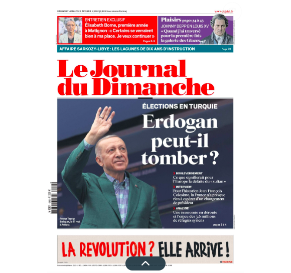 Couverture du Journal du Dimanche, paru le 14 mai 2023.