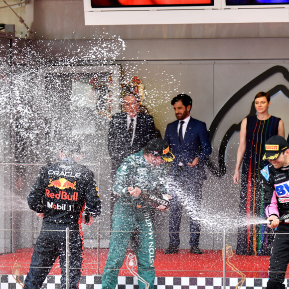 Michel Boeri, la princesse Charlène de Monaco, le prince Albert II de Monaco, le roi de Malaisie, Abdullah Shah, Andrea Casiraghi, Fernando Alonso, Max Verstappen, Esteban Ocon - Remise de prix du 80ème Grand Prix de Monaco de Formule 1 à Monaco le 28 Mai 2023. © Bruno Bebert/Bestimage 