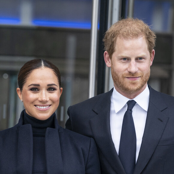 Le prince Harry, duc de Sussex, et Meghan Markle, duchesse de Sussex, en visite à l'observatoire "One World" au 102ème étage de la Freedom Tower du World Trade Center à New York. Le 23 septembre 2021 