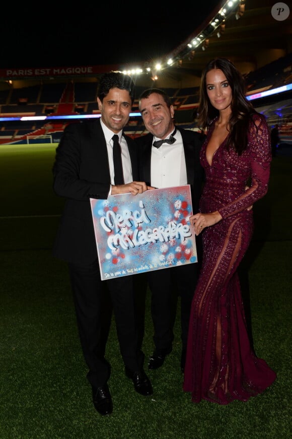 Exclusif - Le prince Nasser Al-Khelaïfi (président du PSG), Arnaud Lagardère et sa femme Jade - Dîner de gala au profit de la Fondation PSG au Parc des Princes à Paris le 16 mai 2017. © Rachid Bellak/Bestimage 