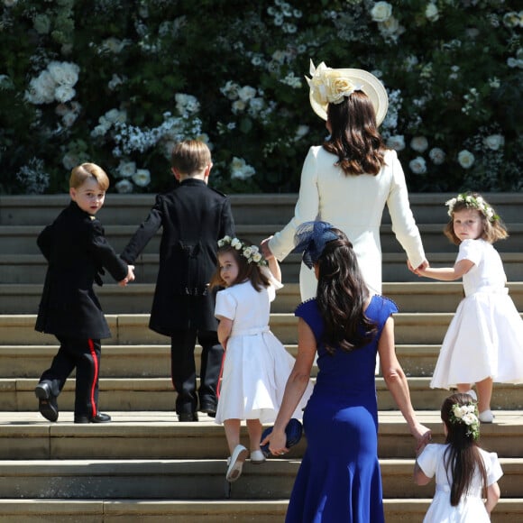 Catherine (Kate) Middleton, duchesse de Cambridge, La princesse Charlotte de Cambridge, Le prince George de Cambridge et les demoiselles d'honneur - Cérémonie de mariage du prince Harry et de Meghan Markle en la chapelle Saint-George au château de Windsor, Royaume Uni, le 19 mai 2018. 