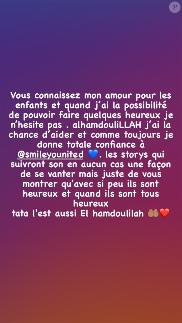 "Vous connaissez mon amour pour les enfants et quand j'ai la possibilité de pouvoir faire quelques heureux je n'hésite pas", explique-t-elle.