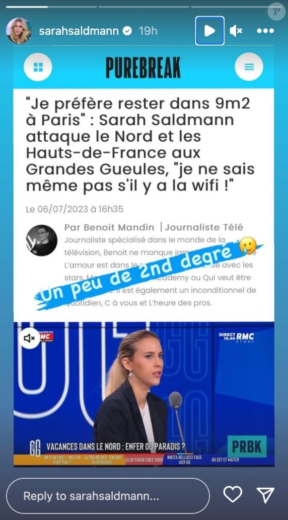 Très active sur la Toile, Sarah Saldmann a vite compris qu'elle avait un tollé. Via sa story Instagram, elle a d'ailleurs relayé des articles sur le sujet.