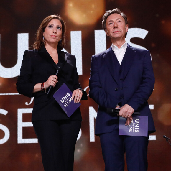 Exclusif - Léa Salamé, Stéphane Bern lors de l'émission "Unis face au séisme" à l'Olympia diffusée en direct sur France 2 le 14 mars 2023. . © Christophe Clovis/ Cyril Moreau / Bestimage 