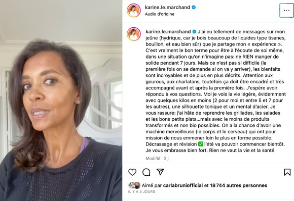 Visiblement, Karine Le Marchand ne jure que par le "jeûne hydrique" qui aurait pour but de purifier le corps et l'esprit.