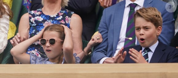 Catherine, Princess of Wales, Princess Charlotte of Wales, Prince George of Wales and Prince William, Prince of Wales watch Carlos Alcaraz vs Novak Djokovic in the Wimbledon 2023 men's final on Centre Court during day fourteen of the Wimbledon Tennis Championships at the All England Lawn Tennis and Croquet Club on July 16, 2023 in London, England.