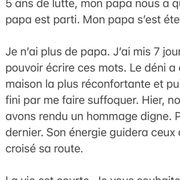 "Le déni a été ma maison la plus réconfortante, et puis elle a fini par me faire suffoquer", a-t-elle avoué.
Malika Ménard adresse un hommage à son papa décédé sur Instagram.