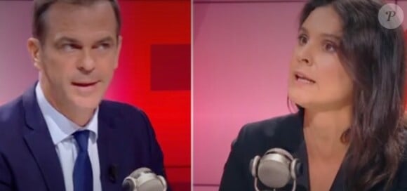 Olivier Véran, l'actuel porte-parole du gouvernement face à Apolline de Malherbe sur le plateau de BFMTV dans l'émission "Face à face".