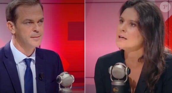 Olivier Véran, l'actuel porte-parole du gouvernement face à Apolline de Malherbe sur le plateau de BFMTV dans l'émission "Face à face".